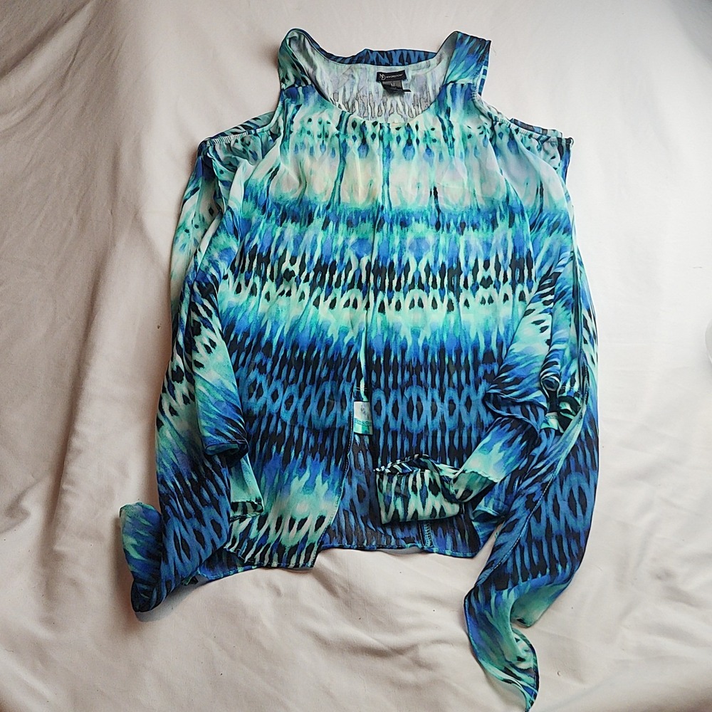 New Directions Cold Shoulder Blouse Ikat Print Blue Women's Size Medium